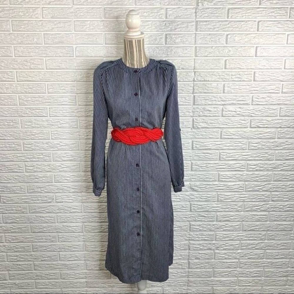 Vintage Raoul Blue & White Striped Button Front Dress Size 10